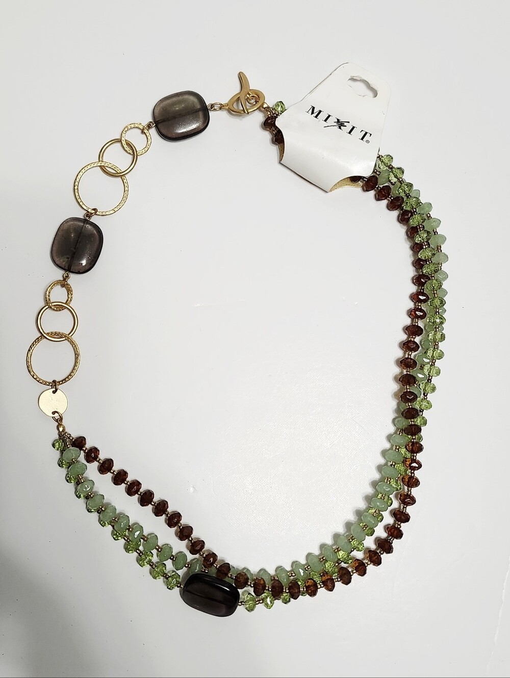 Mixit Green and Brown Layered Beaded Necklace Goldtone w/ Rings size 25"